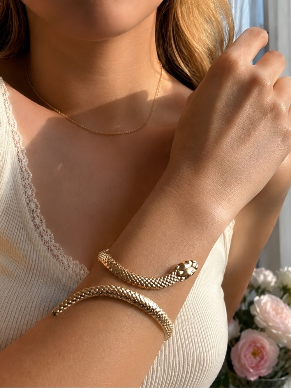 Elegant Gold Snake Serpentine Cuff Bracelet for Women